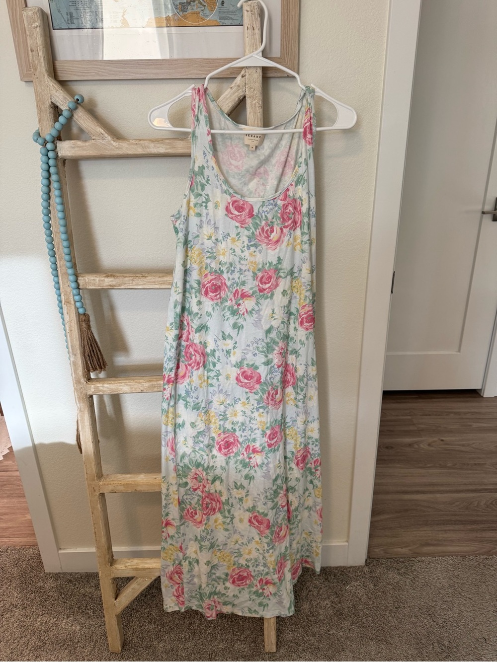 Sezane Serena Dress Floral Maxi Dress in White with Pink Roses